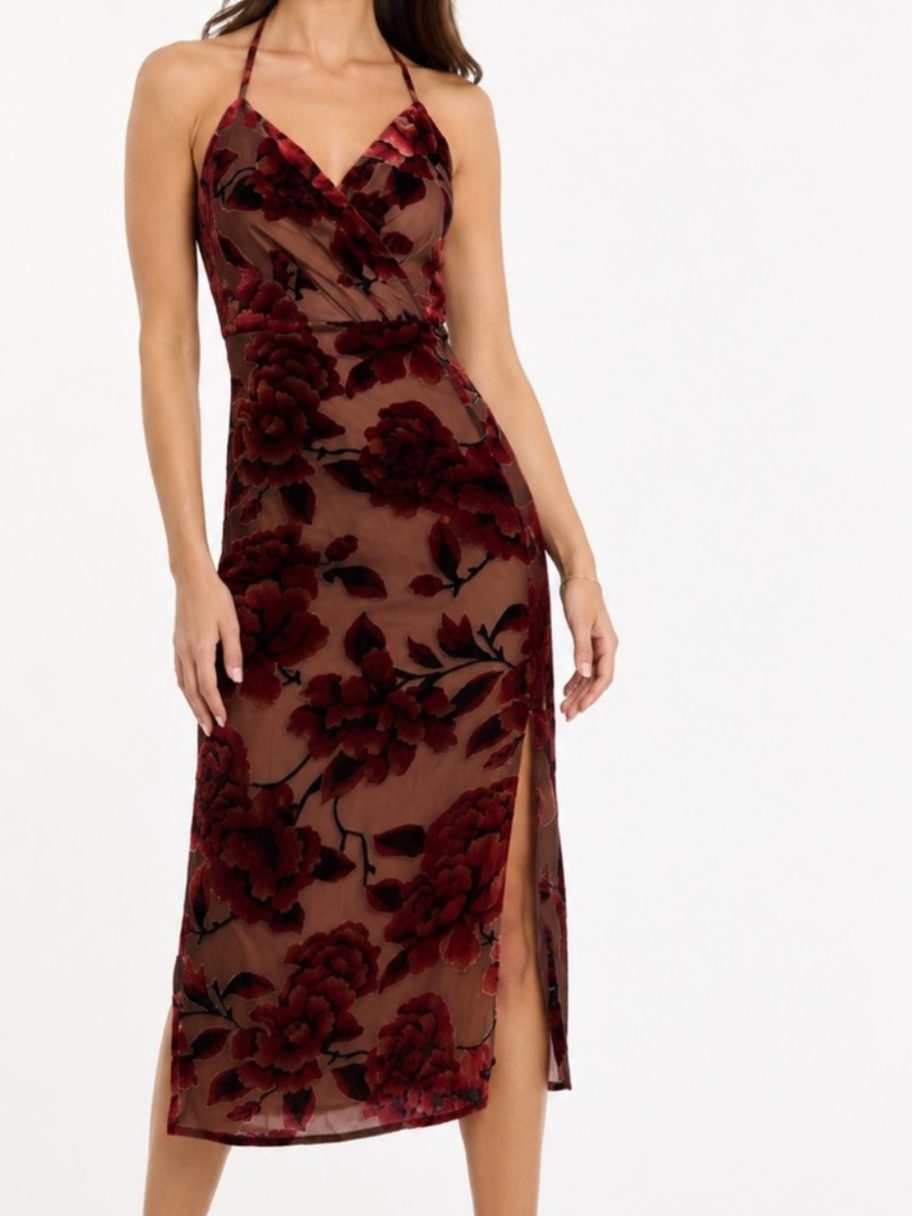 NWT Adelyn Rae red Velvet Floral Midi Dress with slit size medium